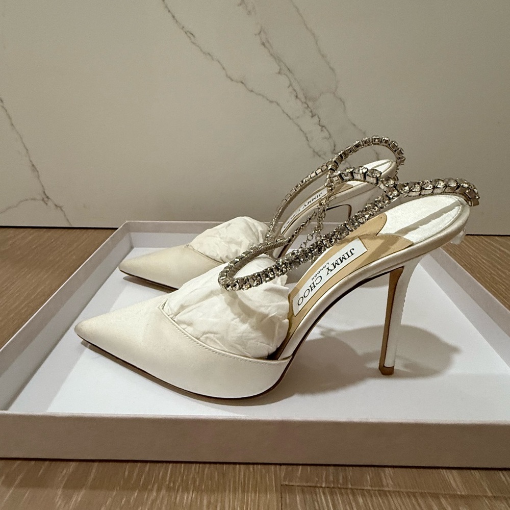 Jimmy Choo White Satin Crystal Strap Heels Size 38